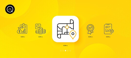 Fototapeta na wymiar Report checklist, Inspect and Map minimal line icons. Yellow abstract background. Report, Approved award icons. For web, application, printing. Sales growth file, Money budget, Journey road. Vector