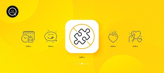 Fototapeta na wymiar Puzzle time, Hold heart and Heart minimal line icons. Yellow abstract background. No puzzle, Yummy smile icons. For web, application, printing. Jigsaw game, Care love, Love. Jigsaw challenge. Vector