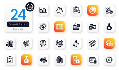 Set of Finance flat icons. Checklist, Piggy bank and Wallet elements for web application. No cash, Money exchange, Report icons. Block diagram, Card, Dollar target elements. Making money. Vector