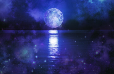 Moon and water scene. 5th dimension. Journey to the astral, the concept of the transition of times