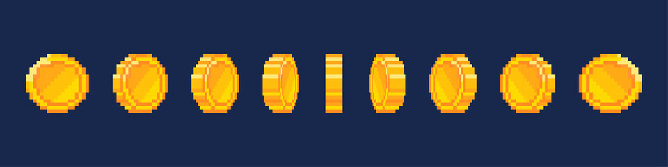 Pixel coin animation. Animation footage of a gold coin. 8-bit Retro video game style. Vector illustration © Stocker_BM