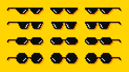 Pixel glasses. Meme. Bandit hit points. 8-bit. Video game style. Vector illustration