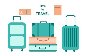 A set of suitcases for travel and leisure. Passport and plane ticket. Colorful color illustration isolated on white background.