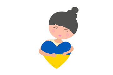 Cute girl hugs  heart with color flag  Ukraine. Pray for Ukraine and stop war vector illustration 