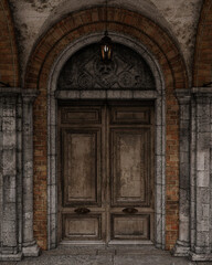 Fototapeta na wymiar Grungy old wooden doorway entrance with brick and stone decorative arch. 3D illustration.