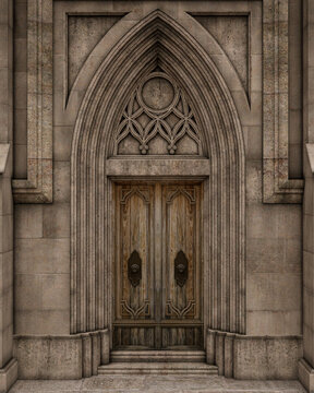 Gothic stone arch around old wooden door entrance to church or large house. 3D rendering.