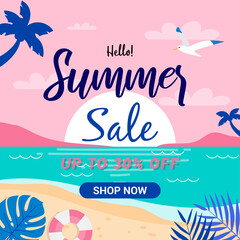 Summer sale card vector illustration. Summer beach flat design pink and blue theme