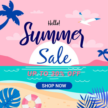 Summer sale card vector illustration. Summer beach flat design pink and blue theme