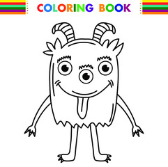 Funny and cute Alien monster with three eyes for kids. Imaginary creature for children coloring book, black and white outline fantasy cartoon for coloring pages.