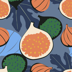 Figs fruit and leaves on grey background seamless vector pattern