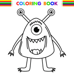 Funny and cute Alien monster with three eyes for kids. Imaginary creature for children coloring book, black and white outline fantasy cartoon for coloring pages.