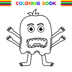 Funny and cute Alien monster with three eyes for kids. Imaginary creature for children coloring book, black and white outline fantasy cartoon for coloring pages.