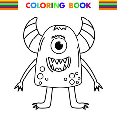 Funny and cute Alien monster with three eyes for kids. Imaginary creature for children coloring book, black and white outline fantasy cartoon for coloring pages.