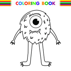 Funny and cute Alien monster with three eyes for kids. Imaginary creature for children coloring book, black and white outline fantasy cartoon for coloring pages.