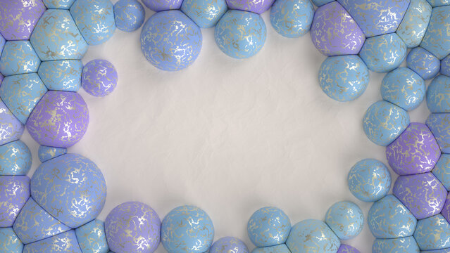 Abstract background. Packed spheres in blue color with gold decoration. Easter concept. 3D illustration. 3D rendering.