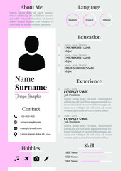 CV - Resume Template. Simple Modern Design. Feminine Color Background. Editable Vector. A4 Paper Size. Suitable for Job Application