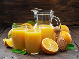 Naklejka na ściany i meble Yellow orange fruits and fresh orange juice isolated on dark wooden background.