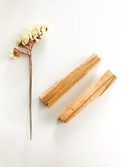 Beautiful layout of incense, sticks for fumigation and meditation palo santo, a natural sacred tree from Ecuador