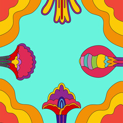 Colorful vector poster with a frame of abstract flowers in the style of 1960s, 1970s. Bright psychedelic background, cover, poster, poster for hippie style trance festivals