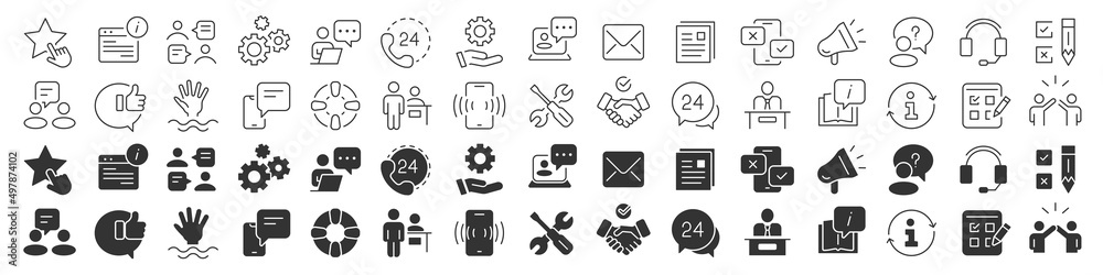 Poster Customer service and support line excellent icons collection in two different styles. Thin outline icons pack. Vector illustration eps10