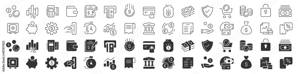 Aufkleber finance and banking line excellent icons collection in two different styles. thin outline icons pack