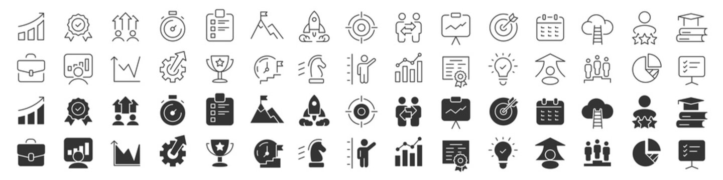 Growth and development line excellent icons collection in two different styles. Thin outline icons pack. Vector illustration eps10