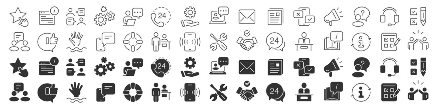 Customer service and support line excellent icons collection in two different styles. Thin outline icons pack. Vector illustration eps10