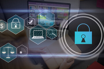 Person using a laptop computer with technology cybersecurity and privacy concept. protection and safe data for global network security