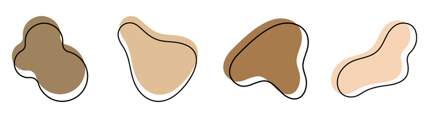 A set of random ink blots. Beige spots. Wrong drop shape. Abstract spot on a white background.