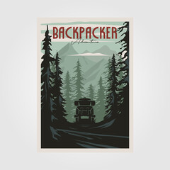 Naklejka na ściany i meble backpack adventure poster vintage illustration design, adventure camp print