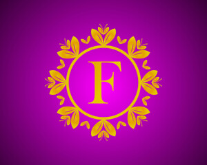 Alphabet F luxury logo design with gold color gradation and gold leaf circle suitable for bathing, hotel, beauty and grooming. against a violet VelVet background.