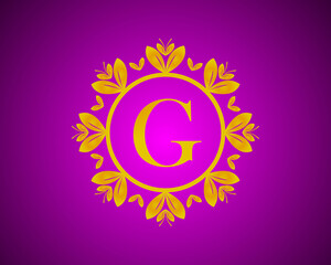 Alphabet G luxury logo design with gold color gradation and gold leaf circle suitable for bathing, hotel, beauty and grooming. against a violet VelVet background.