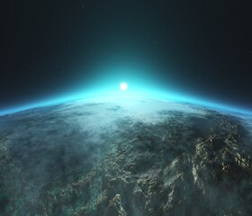 Venus at sunrise from orbit, star over alien planet, 3d rendering