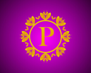 Alphabet P luxury logo design with gold color gradation and gold leaf circle suitable for bathing, hotel, beauty and grooming. against a violet VelVet background.