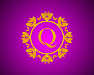 Alphabet Q luxury logo design with gold color gradation and gold leaf circle suitable for bathing, hotel, beauty and grooming. against a violet VelVet background.