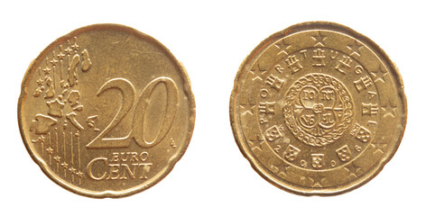 Portugal - circa 2006: a 20 cent coin of Portugal with the map of Europe and a graphic and word...