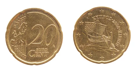 Poster Im Rahmen Cyprus - circa 2008: a 20 cent coin of Cyprus with the map of Europe and a historical sailing ship on the sea with oars © zabanski