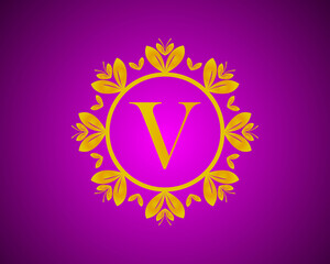 Alphabet V luxury logo design with gold color gradation and gold leaf circle suitable for bathing, hotel, beauty and grooming. against a violet VelVet background.