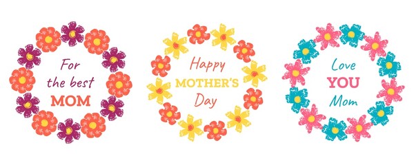 Fototapeta na wymiar Happy mother's day. A set of circle brush strokes, hand drawn frame with a wreath of flowers. Vector illustration