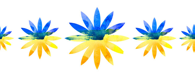 Fototapeta na wymiar Collaboration with flowers of blue anemone and yellow sunflower isolated on white background. Top view. Concept of Ukrainian flag.