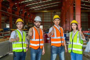 Team Foreman or Team worker work at factory site check up machine or products in site. Team Engineer or Team Technician checking Material or Machine on Plant. Heavy industry factory concept.