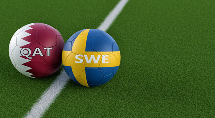 Qatar vs. Sweden Soccer match - Soccer balls in Qatar and Sweden national colors. 3D Rendering 