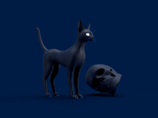 3d render black cat near the skull on a dark background horror movie spooky background