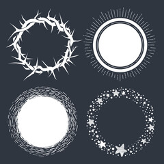 Set of hand drawn circle scribbles with floral elements, stars and dots. Crown of thorns. Vector design elements.
