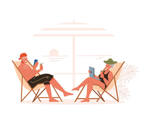 Elderly man and woman are relaxing on the beach in sun loungers. Recreation and entertainment for pensioners. Flat vector illustration.