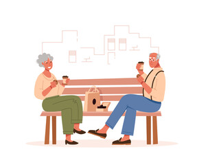 Elderly people sit on a bench in a city park and drink coffee. Flat vector illustration.