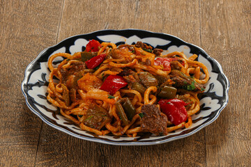 Uzbek lagman - homemade noodle with meat