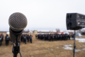 Microphone abstract prepare for speaker speech of conference or seminar. Military concept. Ukraine...