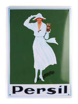 Emaile Blechschild mit Frau im wei&szlig;en Kleid - Vintage Werbung f&uuml;r Waschmittel von Persil