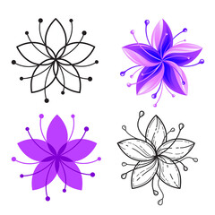 Set of 5 petal flower icons isolated on white. Line, flat and gradient styles. Black and white, purple colors. Vector art for fashion, beauty, spa, floral store brand identity, coloring book design.